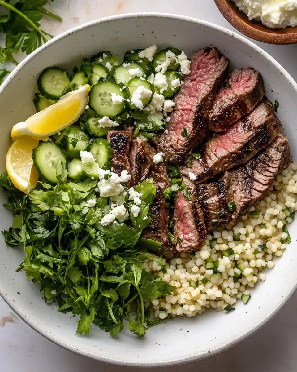 Grilled Skirt Steak with Lemon Herb Couscous Salad Recipe