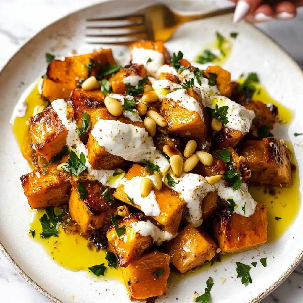 Roasted Pumpkin with Lemon Yogurt Sauce and Pine Nuts Recipe - Recipe Image