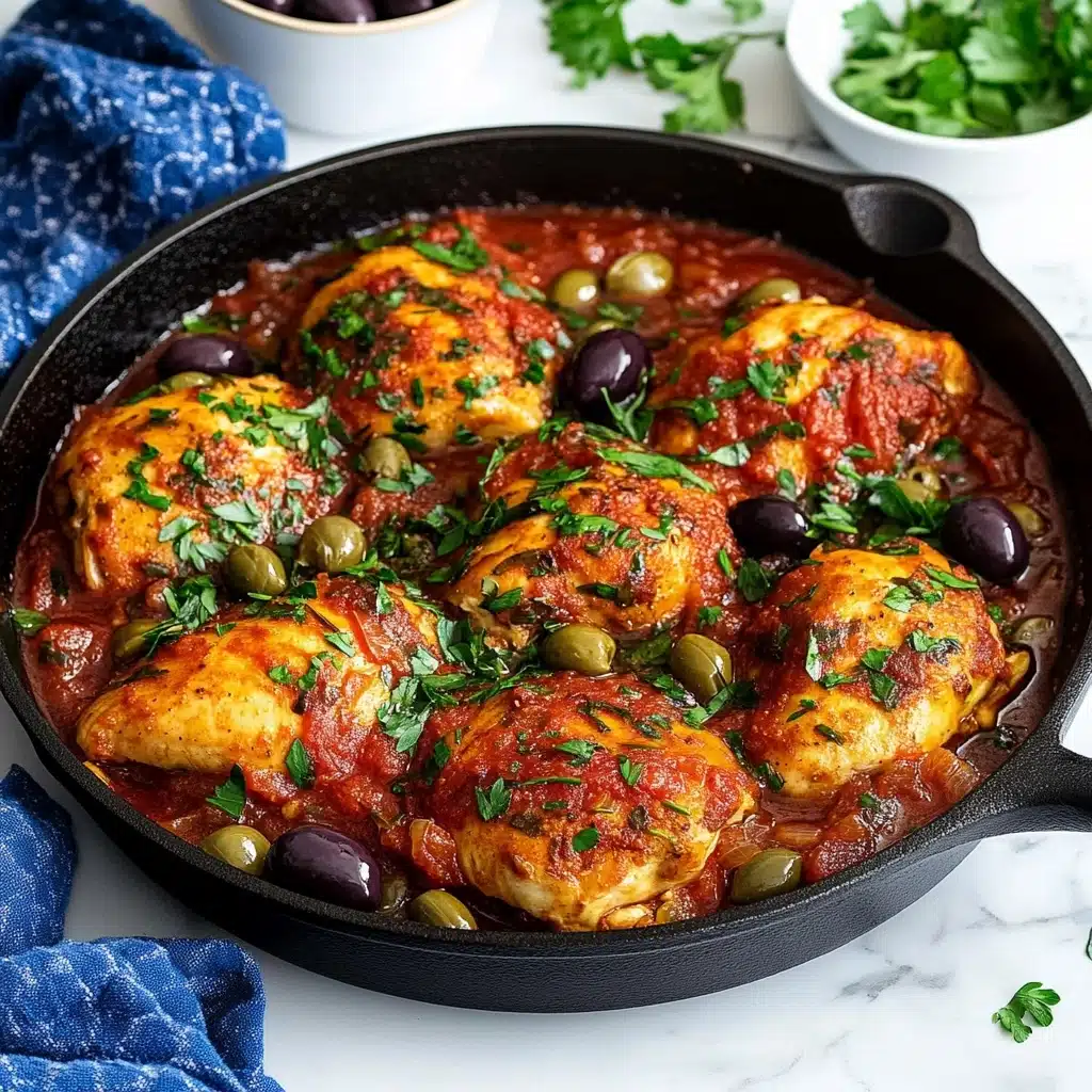 Chicken Puttanesca, Mediterranean Chicken Dinner, Easy Chicken Puttanesca, Flavorful Chicken Recipes, Quick Weeknight Dinner A black cast iron pan filled with eight large pieces of golden-brown chicken partially covered in bright red tomato sauce, topped with green chopped parsley, dark purple sliced olives, and small round capers scattered evenly. The pan sits on a white marbled surface with a blue cloth napkin to the back left and small white bowls in the background containing more herbs and olives.