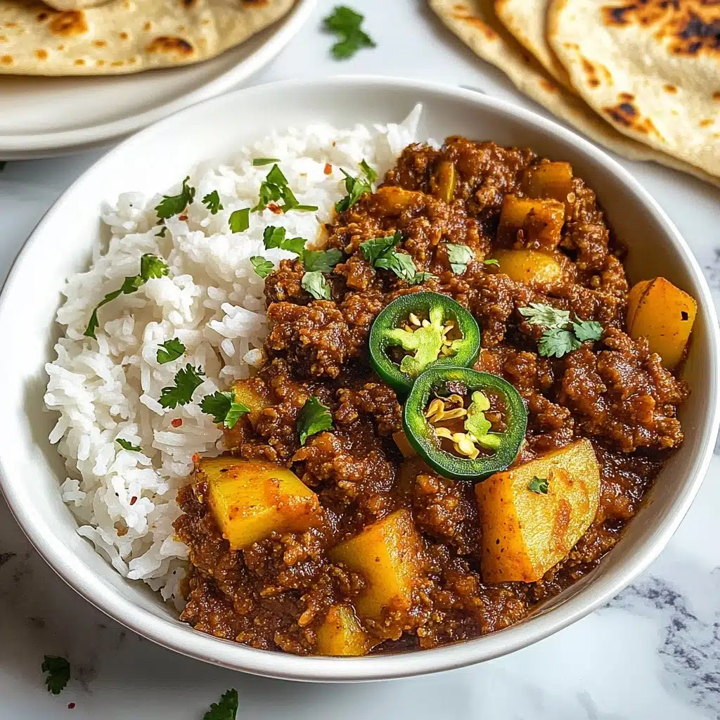 Mexican Picadillo, Mexican Picadillo recipe, hearty Mexican dinner, flavorful ground beef dish, easy Mexican meal A white bowl holds two main layers: a base of fluffy white rice on the left half, and a thick, dark reddish-brown ground meat mixture with visible chunks of yellow potatoes and onions on the right half. The meat mixture is rich and textured, topped with thin, bright green slices of jalapeño pepper and sprinkled with small bits of green herbs. In the background, a white plate with several toasted flatbreads is partially visible, with some scattered red pepper flakes and chopped herbs on the white marbled surface around the bowl.