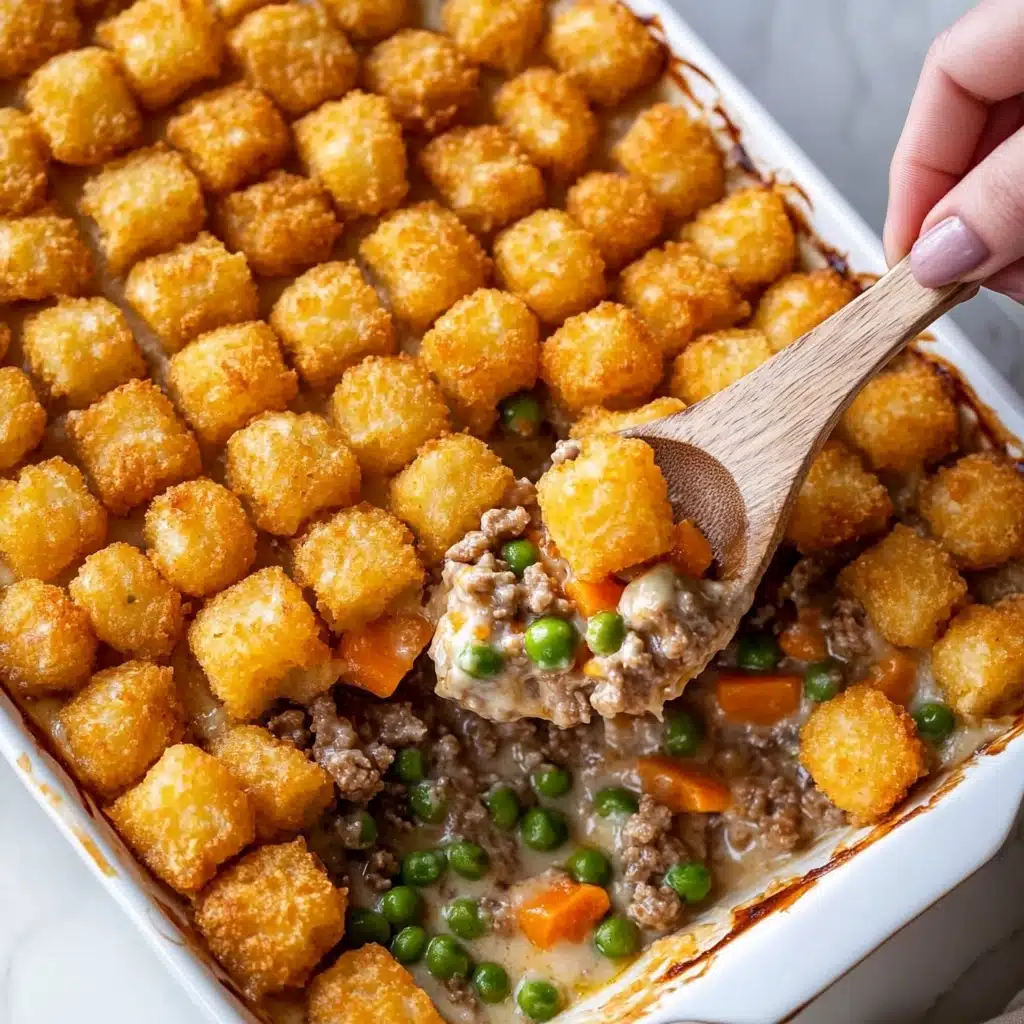 Classic Tater Tot Hotdish, tater tot hotdish recipe, cheesy casserole with tater tots, hearty comfort food recipe, easy Minnesota hotdish The image shows a white rectangular baking dish filled with a tater tot casserole. The top layer is a neat grid of golden brown, crispy tater tots arranged in rows. Below the tater tots, there is a creamy mixture with ground meat, green peas, orange carrot pieces, and green beans visible, creating a mix of brown, green, and orange colors. A woman's hand holds a wooden spoon scooping a serving from the corner, revealing the layers beneath. The dish is placed on a white marbled surface.
