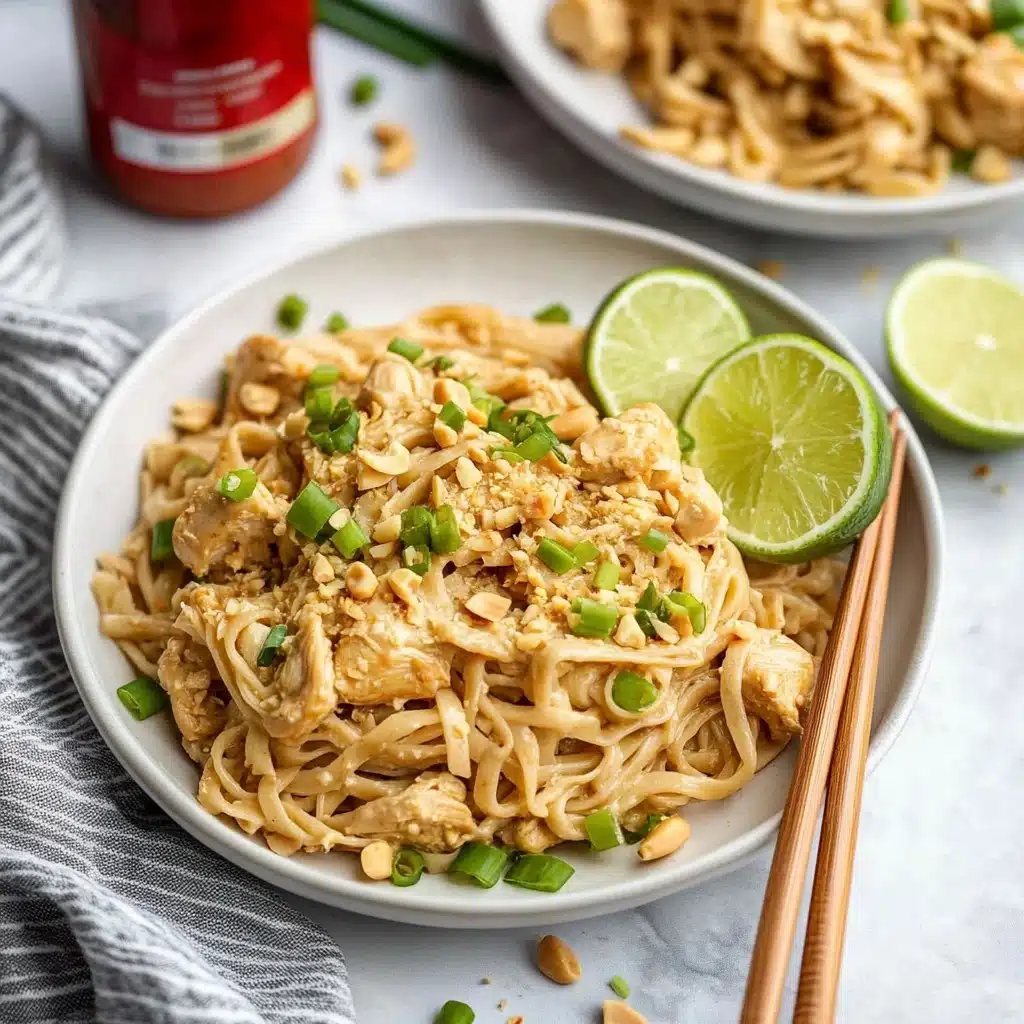 Creamy Peanut Noodles with Chicken, peanut noodle stir-fry, easy chicken noodle recipe, quick Asian chicken pasta, creamy peanut sauce dish A dish of creamy noodles is shown in a white plate placed on a white marbled surface. The noodles are light beige and mixed with small, light brown pieces of chicken. On top, bright green chopped spring onions and crushed peanuts are sprinkled, giving texture and color. Two thin lime slices rest on the right side of the dish. To the right, wooden chopsticks lean against the plate's edge. In the background, there is another white plate with similar noodles and spring onions, slightly out of focus. A red bottle of sauce is on the left, near a gray and white striped cloth. A halved lime is also placed on the marbled surface near the bottom right corner.