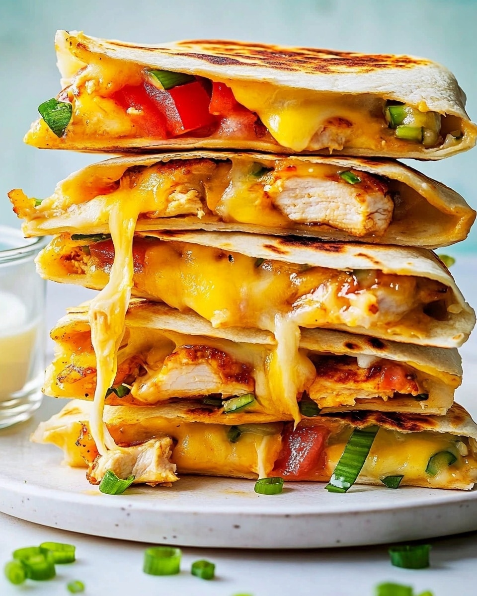 Cheddar and Monterey Jack Chicken Quesadillas with Avocado and Scallions, cheesy chicken quesadillas, easy chicken quesadilla recipes, best quesadilla ideas, quick weeknight dinner A tall stack of four grilled quesadilla pieces is shown on a white plate with a white marbled surface. Each quesadilla layer features a thin, light brown toasted tortilla, filled with melted yellow cheese that oozes out between the layers. Inside are visible pieces of cooked light brown chicken, thin red tomato slices, and small green onion slices scattered on top. The cheese creates bubbly, crispy edges, especially at the bottom layer, with some strands stretching between layers. A small glass container with a white dipping sauce stands to the left, and a few green onion rings are scattered around the plate. The background is a soft light blue.