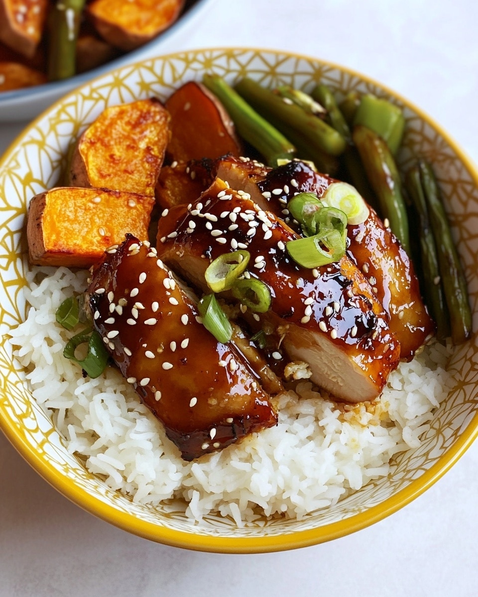 Sheet-pan Miso Chicken with Sweet Potatoes and Asparagus, healthy sheet-pan chicken dinner, easy savory chicken recipes, quick weeknight dinner ideas, flavorful baked chicken A white bowl with a yellow patterned rim holds a layered dish. The bottom layer is white rice, fluffy and spread evenly. On top of the rice, there is a glazed piece of cooked chicken, shiny with a brown sauce and sprinkled with white sesame seeds and small green onion slices. Around the chicken are thick slices of roasted sweet potatoes, orange and soft with slightly browned edges, along with green roasted vegetable stalks placed beside them. The bowl sits on a white marbled surface.
