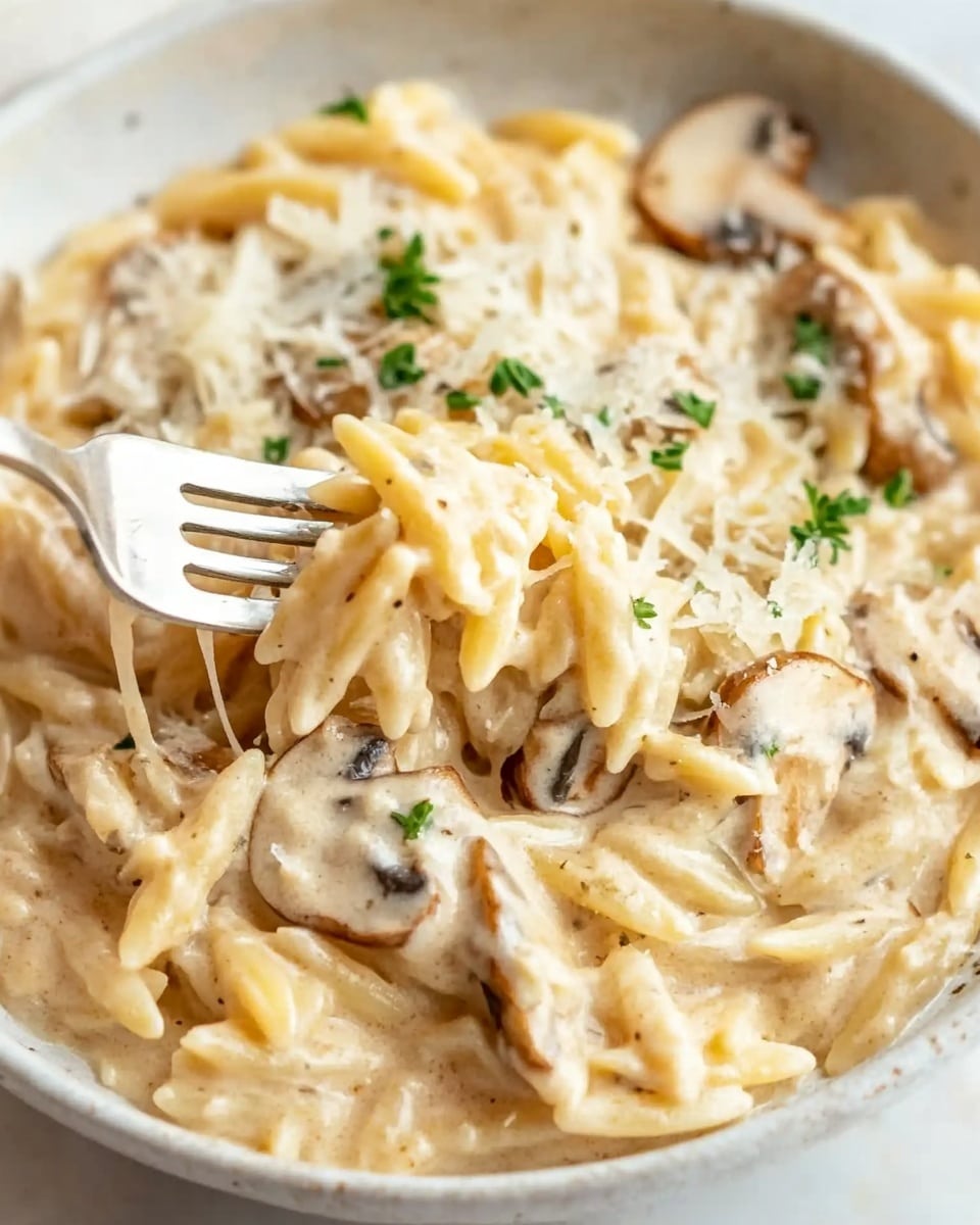 Chicken Marsala Orzo, Chicken Marsala recipe, easy chicken pasta, creamy mushroom chicken, weeknight dinner ideas A close-up of creamy pasta in a white bowl placed on a white marbled surface. The pasta has short, flat pieces covered in a smooth, light beige sauce mixed with thin mushroom slices. On top, there is a sprinkle of grated cheese and small green herb leaves. A woman's hand is holding a fork lifting some pasta from the bowl, showing the creamy texture and mushrooms clearly. The overall colors are beige, light brown, white, and green accents from the herbs.