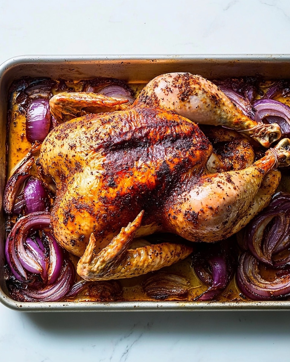 Sheet-Pan Roasted Red Onion Chicken, easy sheet-pan chicken dinner, roasted chicken with red onions, quick weeknight chicken recipe, flavorful baked chicken dish A metal tray filled with cooked chicken pieces and roasted onion wedges on a white marbled surface. The tray holds seven large chicken pieces with a crispy, browned skin in different shades of golden brown to dark brown, showing some charred spots. The pieces are arranged unevenly, with five chicken parts positioned in the corners and center, surrounded by curved, caramelized red onion slices that have a deep purple and brown color from roasting. Small green thyme leaves are scattered lightly over the chicken and onions. The tray shows some oily cooking juices pooled in certain areas, adding a glossy texture around the food