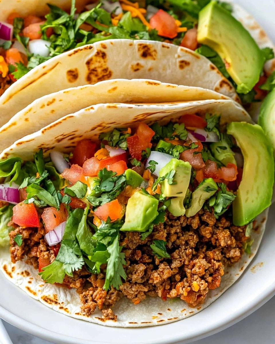 The BEST Instant Pot Taco Meat, Instant Pot Taco Meat, quick taco meat recipe, easy Instant Pot ground beef, healthy taco filling options Two soft tortillas with light char marks are folded and filled with layers of seasoned brown ground meat at the bottom, topped with bright red diced tomatoes, small bits of orange and green vegetables, and light shredded yellow cheese. Fresh green avocado slices are placed on top, along with some finely chopped red onion and chopped green herbs scattered over all layers. The tortillas sit on a white plate with a wedge of lime visible in the corner, all placed on a white marbled surface.