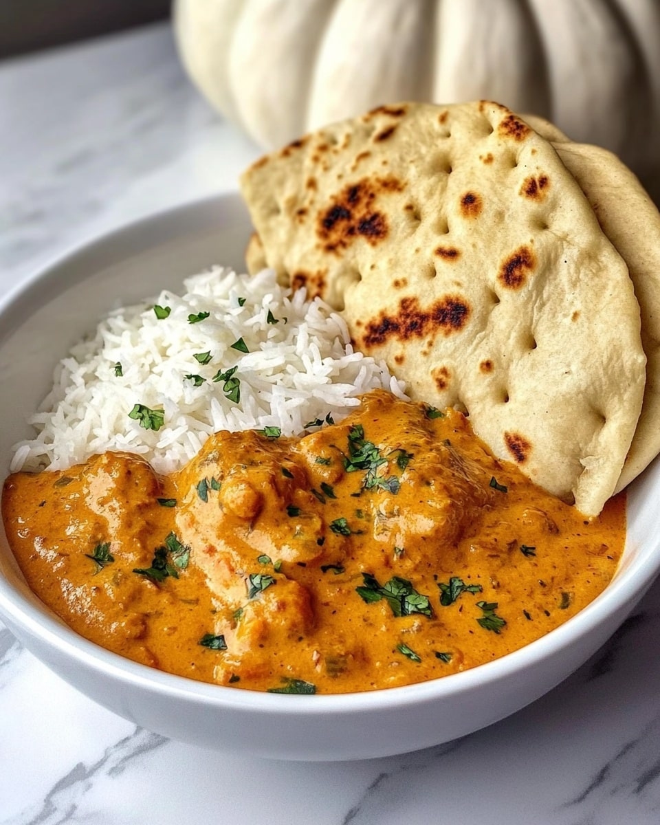 Butter Chicken, Quick & Easy Butter Chicken, Homemade Butter Chicken, Simple Butter Chicken recipe, Busy weeknight dinner A white bowl contains a three-layer meal with the bottom left filled with a thick orange curry sauce, speckled with green herbs and small pieces of food, showing a creamy and textured surface. To the right in the middle, there is a fluffy bed of white rice with green herb sprinkles on top. At the upper right of the bowl, there are four pieces of light golden brown naan bread arranged neatly and leaning against the rice. The bowl is placed on a white marbled surface with a white pumpkin in the blurred background.