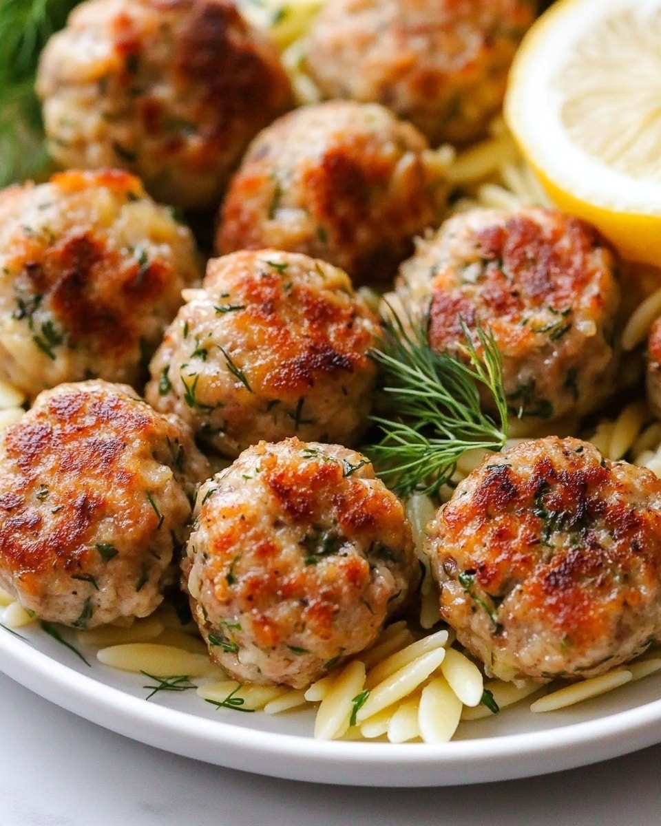 Greek Chicken Meatballs with Lemon Orzo, Greek chicken meatballs, lemon orzo, easy Greek dinner, healthy Mediterranean chicken recipe This image shows a white plate filled with about ten small, round meatballs that have a golden-brown crispy top with some green herb bits mixed inside. The meatballs rest on a bed of light yellow spaghetti noodles which peek out between them. There are small sprigs of fresh green dill placed around the meatballs, and a slice of fresh lemon is seen on the top right edge of the plate. The plate sits on a white marbled surface.