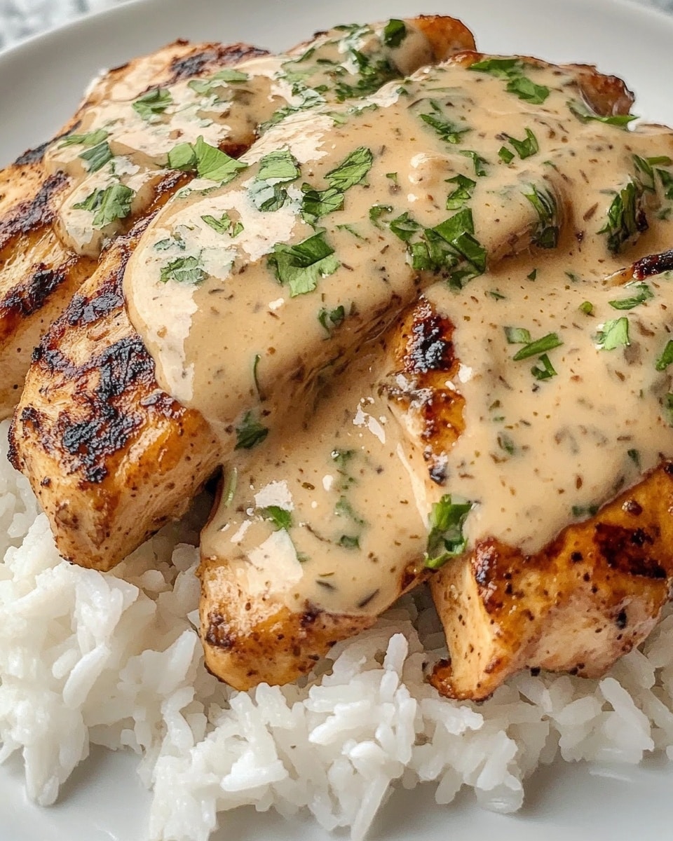 Creamy Garlic Chicken, easy creamy chicken recipe, garlic chicken dinner, flavorful chicken thighs, quick weeknight chicken A close-up view of a black cast iron pan with a red handle, filled with five browned, cooked chicken pieces sitting in a creamy, light tan sauce with a smooth, slightly thick texture. The chicken has a rich caramelized orange-brown crust with some blackened spots and is topped with small chopped green herbs scattered across the surface. The sauce surrounds the chicken, showing some bubbles and swirls. The background surface visible under the pan is a white marbled texture.