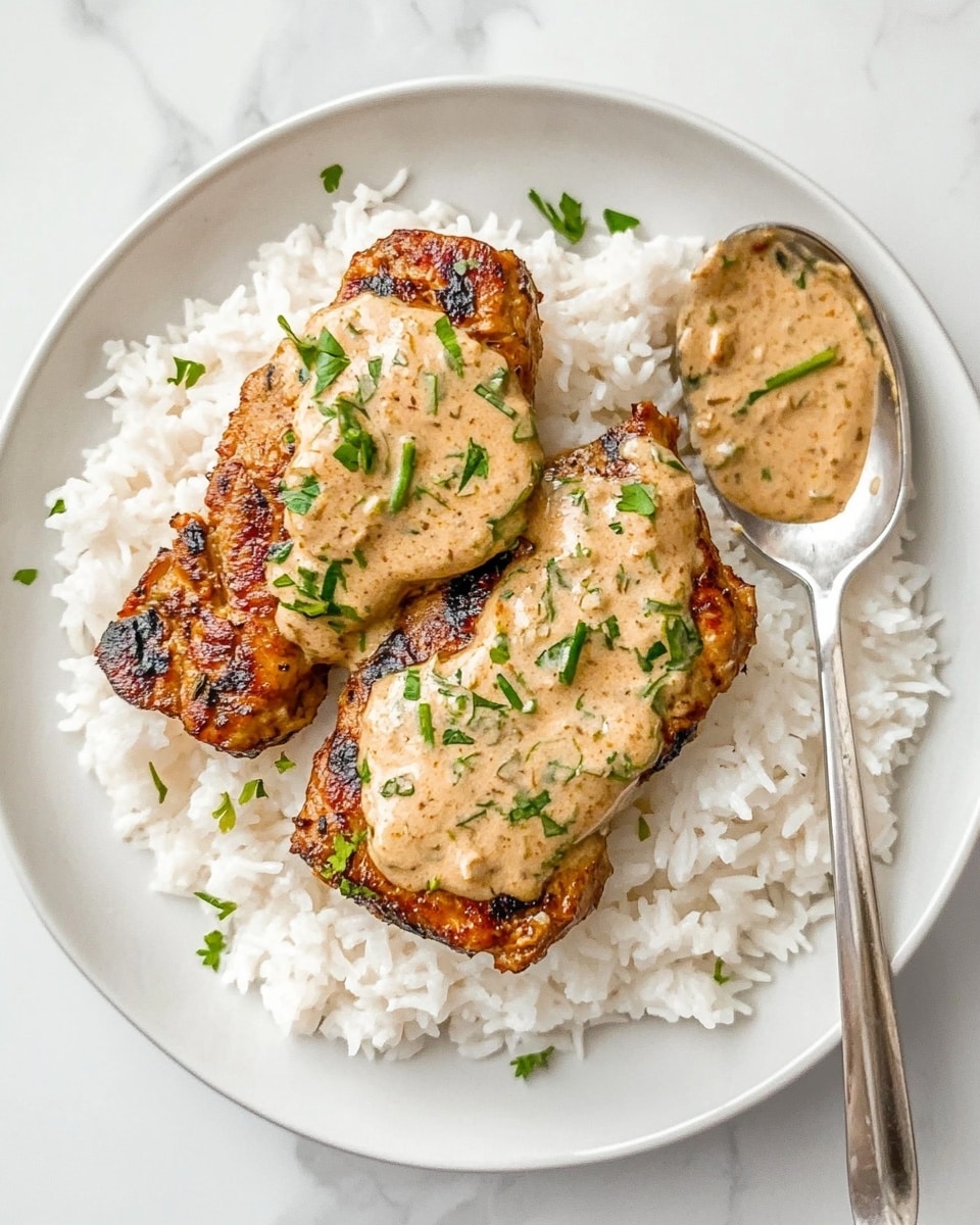 Creamy Garlic Chicken, easy creamy chicken recipe, garlic chicken dinner, flavorful chicken thighs, quick weeknight chicken The image shows a white plate with a base layer of shiny, cooked white rice that looks soft and individual grains are visible. On top, there are pieces of grilled chicken that have a light brown, slightly crispy texture with some darker char marks. The chicken is covered with a thick, creamy sauce that is light tan in color and has green herbs mixed in, adding fresh pops of green throughout the sauce. The sauce looks smooth and coats the chicken well, sitting on top of the rice. The background is a white marbled texture.