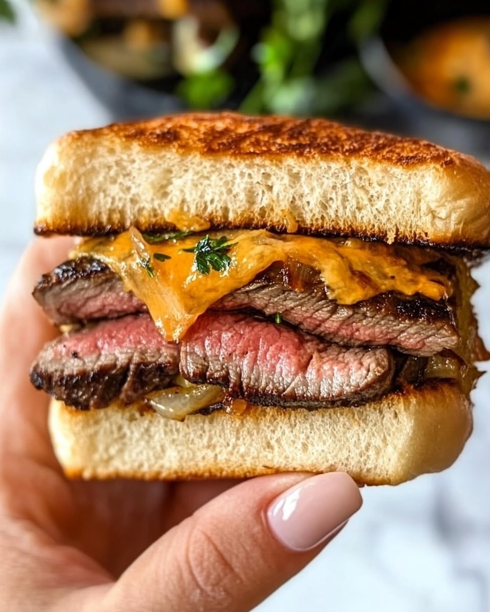 Cowboy Butter Steak Sliders, steak slider recipe, flavorful steak sandwiches, easy game day sliders, gourmet slider ideas A close-up of a juicy sandwich held by a woman's hand with light pink nails. The sandwich has two golden brown toasted buns with a shiny, slightly crispy top layer. Inside, there are thick slices of medium-rare steak showing pink centers and slightly charred edges, topped with melted orange cheese and caramelized onions. The background is a white marbled surface with a blurred look of fresh herbs and other food items.