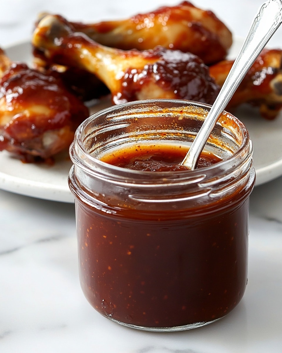 Honey BBQ Sauce, Honey BBQ Sauce Recipe, Easy BBQ Sauce, Sweet and Tangy BBQ, Homemade BBQ Sauce A clear glass jar filled with smooth, rich dark red barbecue sauce sits on a white marbled surface. Inside the jar, a shiny silver spoon stands up, its handle visible above the rim. Behind the jar, a white plate holds three drumsticks covered in glossy barbecue sauce, showing golden-brown chicken skin with a sticky and shiny texture, seasoned with dark pepper spots. The whole scene is bright and clean.