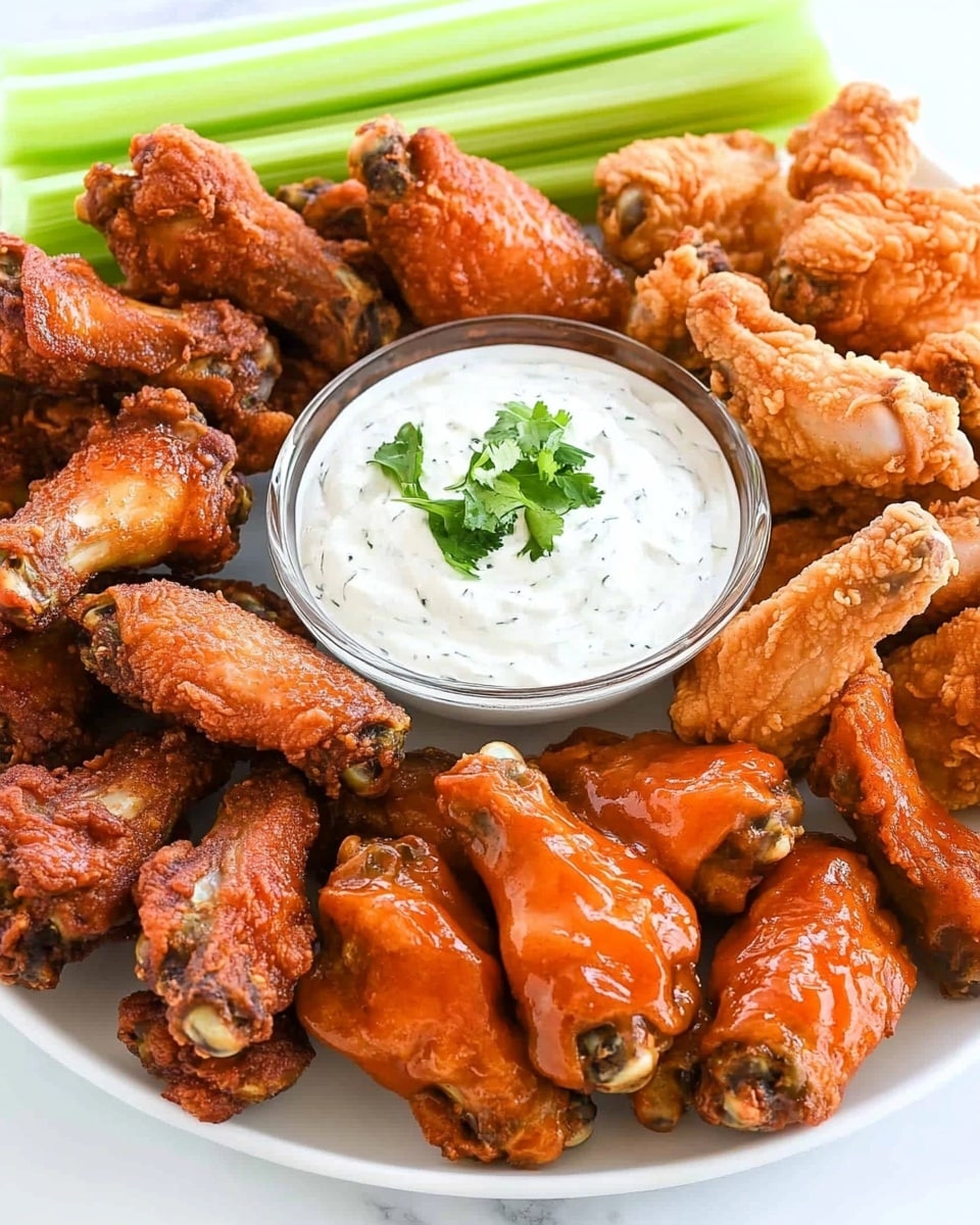 Buffalo Wing Platter with Blue Cheese Dip, Chicken Wings with Blue Cheese Dip, Homemade Buffalo Wings, Game Day Wing Platter, Crispy Buffalo Wings and Blue Cheese A white oval plate is arranged with three main sections around a small glass bowl of creamy white dip garnished with a green herb. On one side, there are crunchy golden-brown fried chicken pieces with a rough texture. Below this, bright orange carrot sticks are neatly stacked in parallel lines. On the opposite side, there are crispy chicken wings with a shiny reddish-brown glaze. Next to the wings, fresh celery sticks are stacked vertically, showing a bright green color and crisp texture. The plate sits on a white marbled surface.