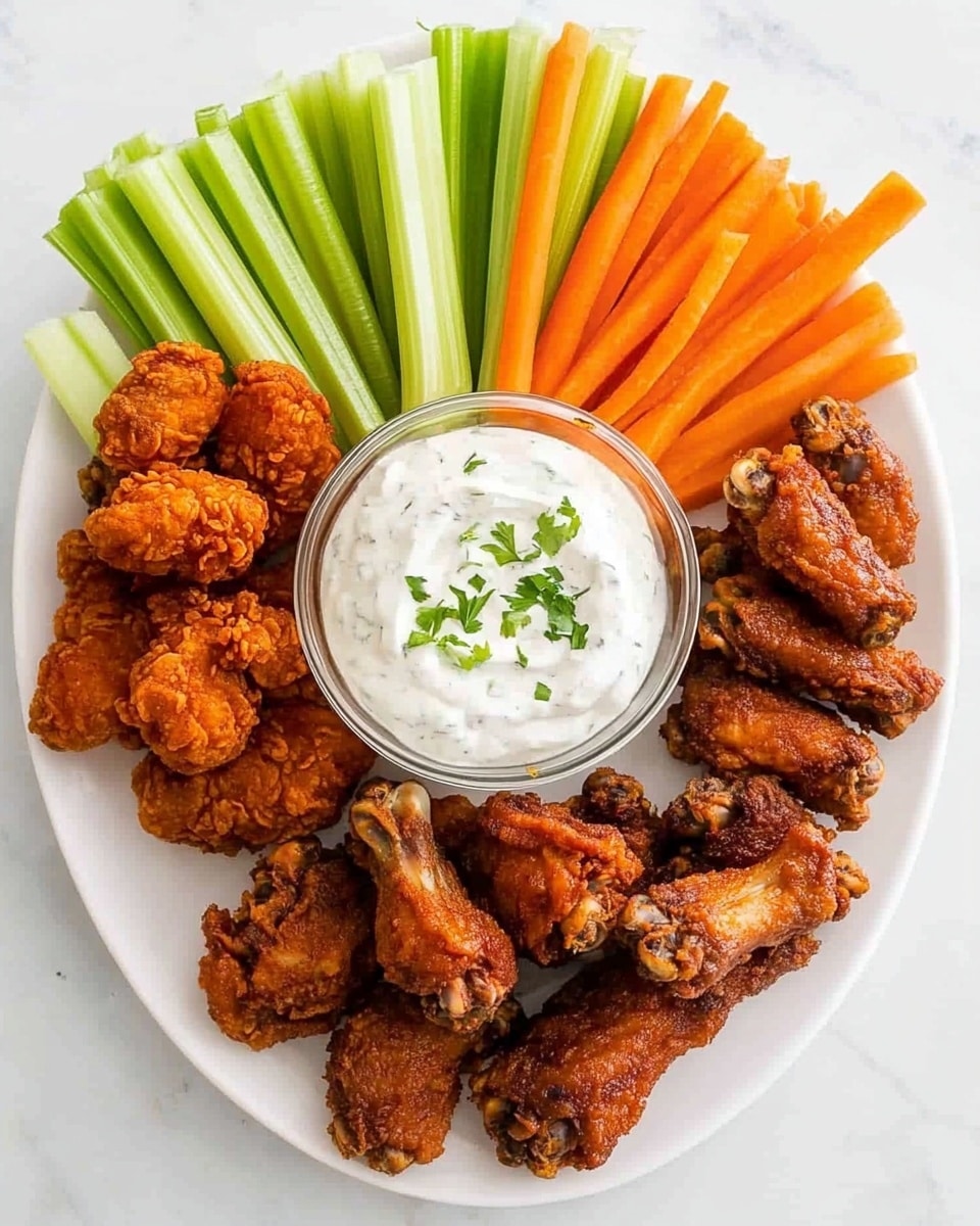 Buffalo Wing Platter with Blue Cheese Dip, Chicken Wings with Blue Cheese Dip, Homemade Buffalo Wings, Game Day Wing Platter, Crispy Buffalo Wings and Blue Cheese The image shows a white plate filled with two types of chicken wings arranged in two groups: one side has crispy fried wings with a golden-brown, crunchy texture, and the other side has saucy wings with a glossy, reddish-orange coating. In the center of the plate, there is a small clear bowl with a thick white creamy dip topped with two small green herb sprigs. Around the bowl, fresh, bright green celery sticks are neatly placed on the white marbled surface.