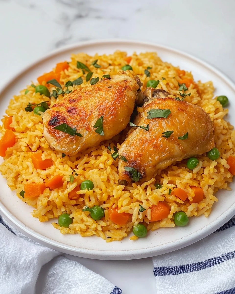 Arroz con Pollo, oven-baked Arroz con Pollo, Latin-inspired chicken and rice, easy baked chicken and rice, traditional Arroz con Pollo A large round metal pan with two handles holds a colorful dish with visible layers. The base layer is light brown rice, spread evenly across the pan. Mixed within the rice are small, bright green peas and diced red and orange vegetables, adding color and texture. On top of the rice and vegetables, there are eight golden yellow chicken pieces arranged in a circular pattern around the pan, each piece showing a smooth, cooked surface with hints of seasoning. The dish is garnished with some thin green herbs scattered lightly over everything. The pan sits on a white marbled surface with a blue and white striped cloth nearby.
