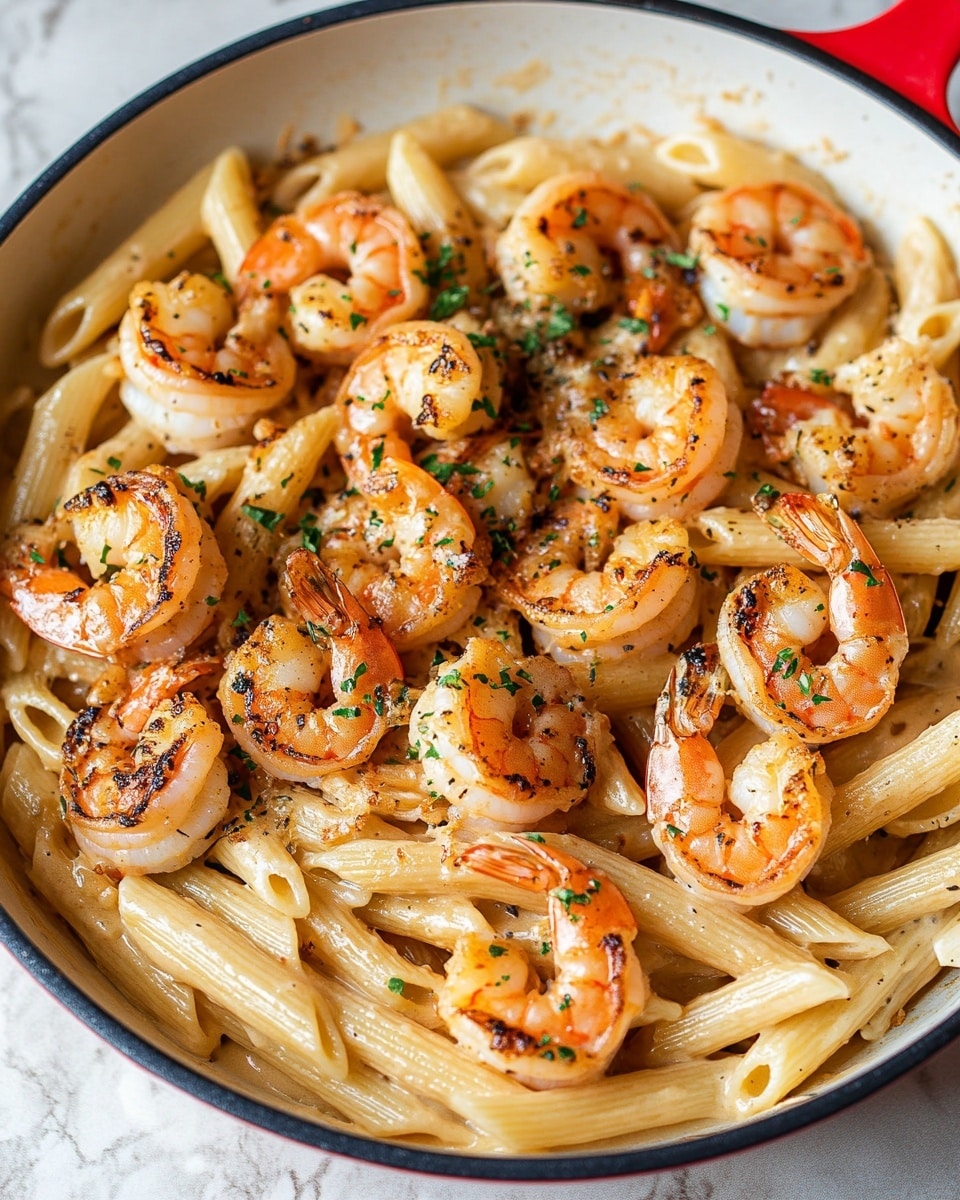 Cajun Shrimp Pasta, Cajun Shrimp Pasta recipe, spicy pasta with shrimp, creamy Cajun pasta, quick seafood pasta A close-up of a white pan filled with two layers: the bottom layer is creamy light yellow penne pasta mixed with herbs and sauce, showing a shiny, slightly oily texture, and the top layer is a generous amount of grilled shrimp, orange with charred marks and sprinkled with green herbs. The red edge of the pan is just visible and the pan sits on a white marbled surface.