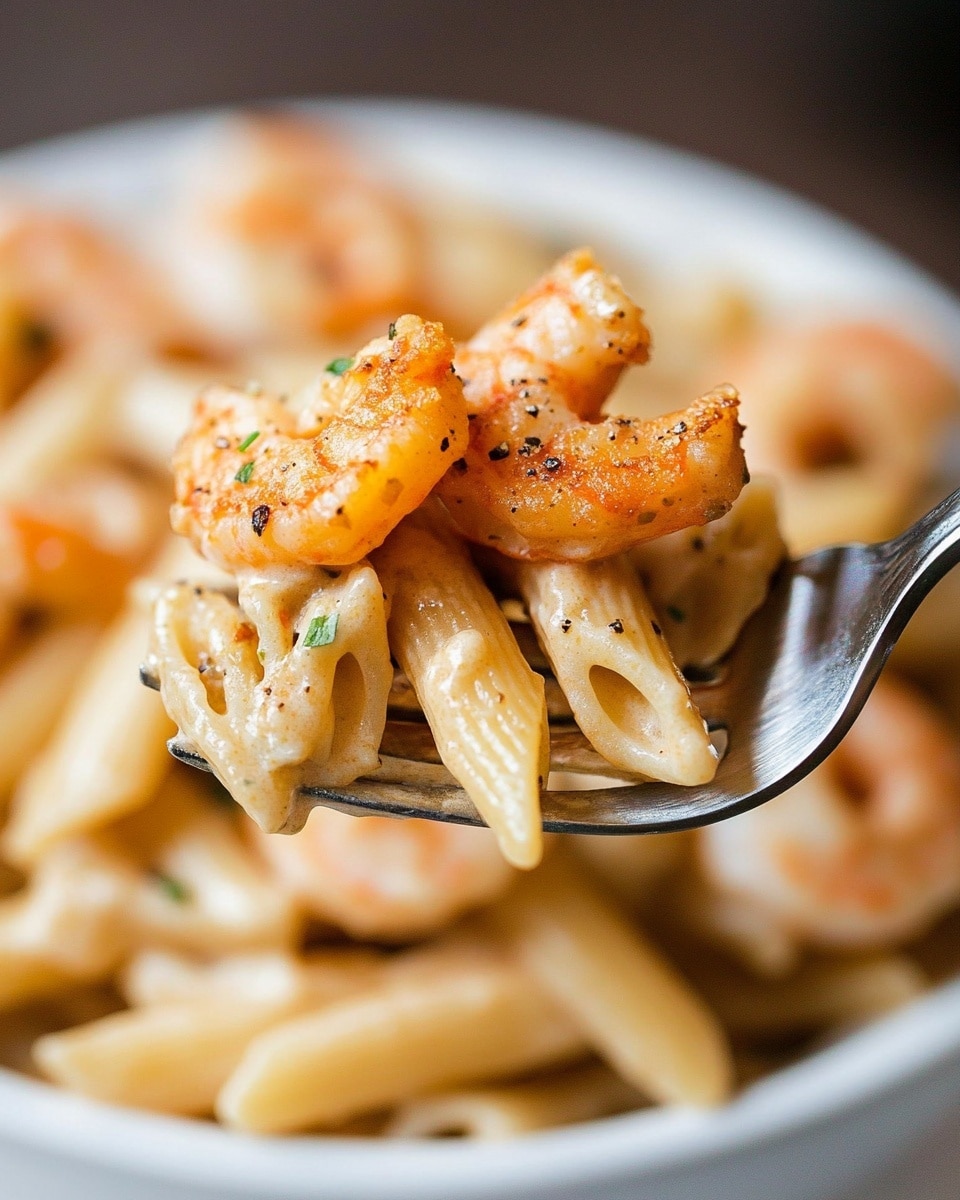 Cajun Shrimp Pasta, Cajun Shrimp Pasta recipe, spicy pasta with shrimp, creamy Cajun pasta, quick seafood pasta A white pan with a red handle is filled with creamy beige penne pasta as the base layer, topped evenly with golden brown cooked shrimp that have a slightly charred texture. Small green herb bits are sprinkled over the shrimp and pasta, adding a fresh touch. The pan sits on a white marbled texture, and the colors of the food stand out clearly.