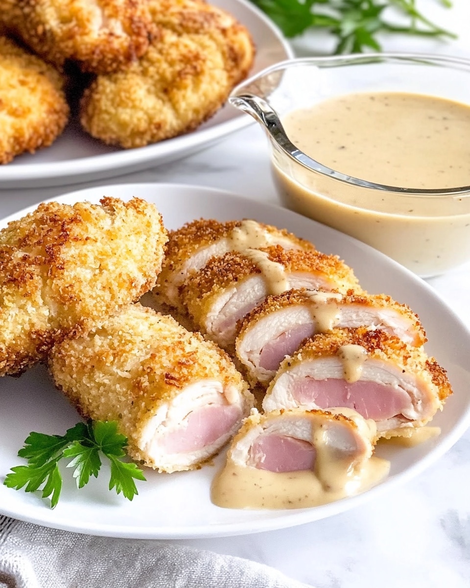 Easy Chicken Cordon Bleu with Dijon Cream Sauce, Chicken Cordon Bleu, Dijon Cream Sauce recipe, French-inspired chicken dinner, simple gourmet chicken recipe The image shows sliced breaded chicken pieces with a crispy, golden-brown breadcrumb coating on the outside, revealing white chicken meat inside with pink ham and melted cheese layers. The chicken pieces are arranged on a white plate, and behind them is a white plate holding more whole coated chicken pieces. In front of the plates is a glass gravy boat filled with a thick, creamy beige sauce topped with a small green parsley leaf. The background is a white marbled texture.