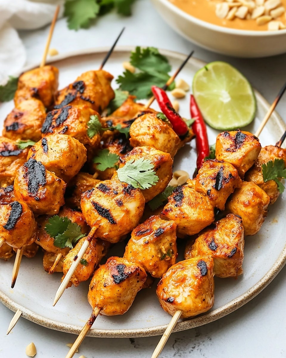 Chicken Satay with Easy Peanut Sauce, Chicken Satay Recipe, Easy Peanut Sauce, Delicious Chicken Satay, Weeknight Dinner Ideas A skewer with three large, orange-brown grilled chicken pieces, showing charred grill marks, is being dipped into a shallow white bowl filled with smooth, creamy orange peanut sauce. The sauce has small chunks of chopped peanuts and two thin red chili slices floating on its surface. In the blurred background, there is another white bowl with more grilled chicken and some green herbs on a white marbled surface. The scene is bright and close up, showing texture and detail.