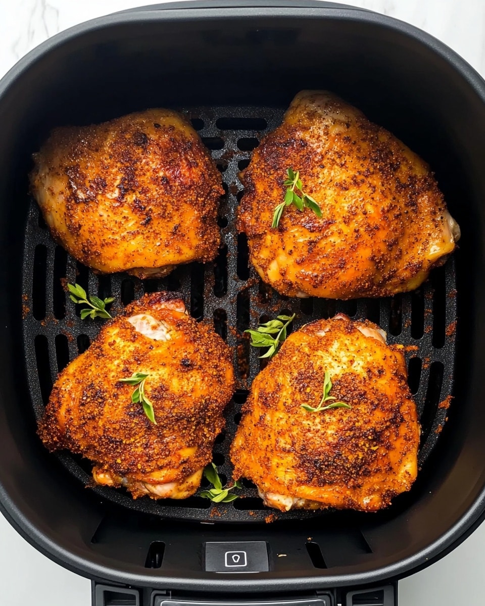 Four pieces of cooked chicken thighs with a golden-brown and crispy spice-coated crust sit inside a black air fryer basket. Small green herb leaves are scattered on top of the chicken, adding a fresh touch. The air fryer basket s ridged base is visible beneath the chicken pieces. The image background is a white marbled surface. Photo taken with an iphone --ar 4:5 --v 6.1