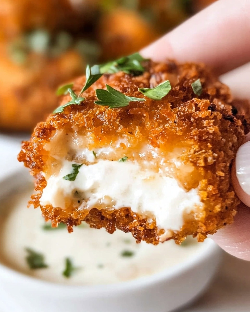 A close-up image shows a woman's hand holding a crispy food piece with three layers: a crunchy, dark golden-brown outer crust sprinkled with herbs, a thick white middle layer with a soft texture, and a creamy white sauce layer covering the bottom half of the piece. There is some green garnish on top of the crust, and the food is held above a white plate with a creamy dip inside, all set on a white marbled surface. Photo taken with an iphone --ar 4:5 --v 6.1