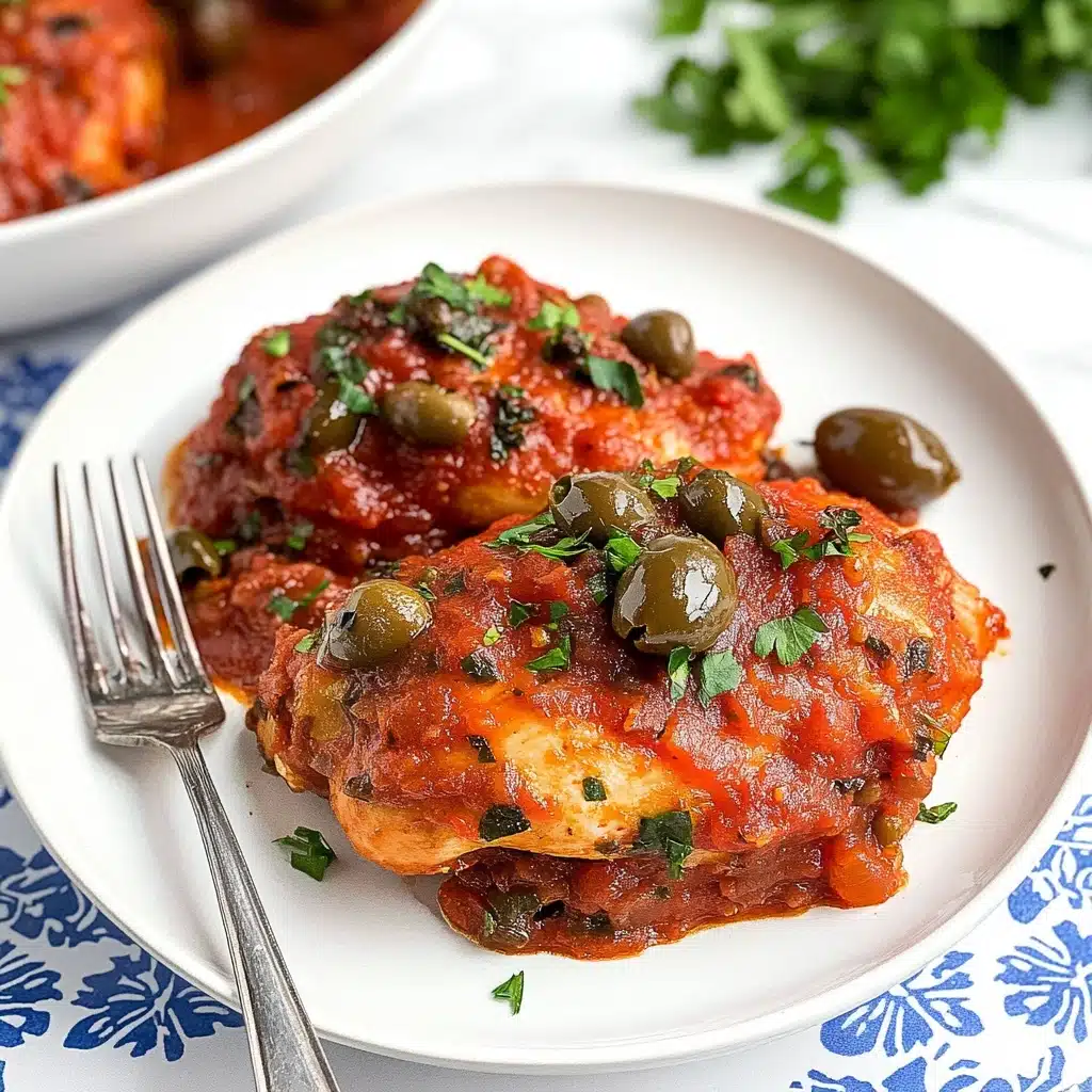 Chicken Puttanesca, Mediterranean Chicken Dinner, Easy Chicken Puttanesca, Flavorful Chicken Recipes, Quick Weeknight Dinner The dish shows two pieces of cooked meat covered in a thick red sauce with olives and capers, placed side by side on a white plate. The sauce looks rich and chunky, partly soaking into the meat, and has a slightly shiny texture. Green chopped herbs are sprinkled on top, adding fresh color contrast. A fork sits next to the meat, and in the background, more pieces of the same dish are visible in a white bowl. The setting includes a white marbled surface with blue floral tile patterns around the plate.