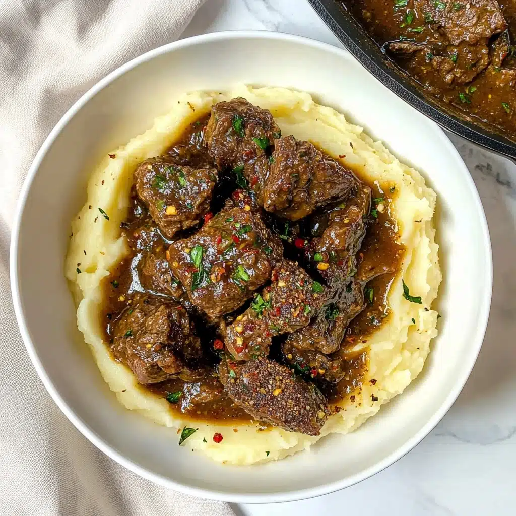 Slow Cooker Garlic Butter Steak Bites, garlic butter steak bites, easy slow cooker steak recipe, tender steak bites with garlic, slow cooker beef bites The dish shows a white plate filled with a base layer of creamy mashed potatoes, smooth and slightly textured, with a few small indentations around the edges. On top, there is a thick pile of steak cubes, brown and seared with a shiny glaze of gravy that coats each piece, sprinkled with small bits of green herbs. A fork with a blue handle rests on the right side of the plate, and in the background, there are fresh green parsley leaves, a whole garlic bulb, and a piece of blue and white checkered cloth on a white marbled surface.