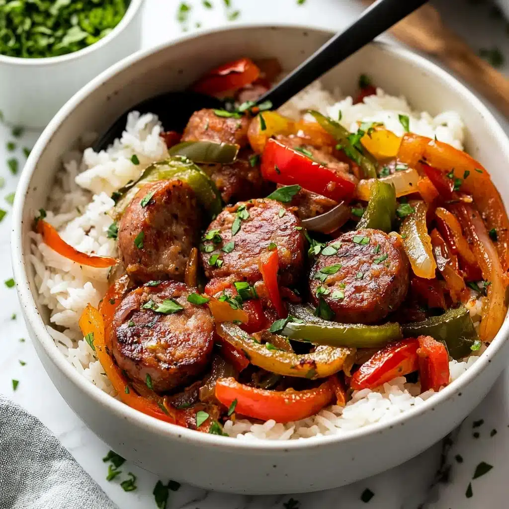 Easy Sausage and Peppers, sausage and peppers dinner recipe, quick sausage and peppers, flavorful sausage skillet, beginner-friendly sausage dish A white bowl holds a dish with two main layers: the bottom layer is soft, fluffy white rice, and on top are slices of browned sausage mixed with cooked red and green bell pepper strips and caramelized onions. The sausage slices are round with a slightly crispy edge, and the peppers are tender with bright colors, while small green herbs are sprinkled on top for garnish. A black spoon rests inside the bowl with some rice and sausage on it. Nearby, there is a small white cup filled with chopped green herbs on a white marbled surface.