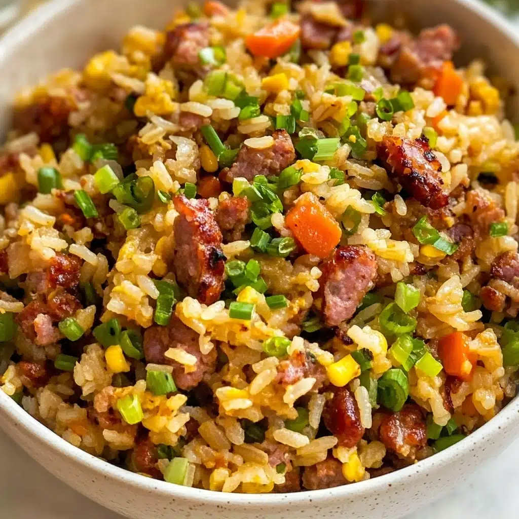 Sausage Rice Cajun Dirty Rice Cajun Rice Flavorful Weeknight Dinner The image shows a close-up of a white bowl filled with a colorful mixed rice dish. The dish has several layers visible in the mix: a base of yellow rice with a soft texture, scattered pieces of reddish-brown sausage, small chunks of light orange carrots, and bits of green onions sprinkled on top. The ingredients are well mixed, creating a textured appearance with different sizes and colors evenly spread. The bowl sits on a white marbled surface.