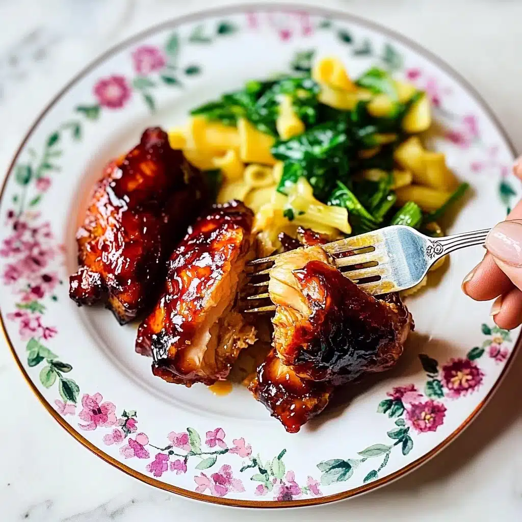 Oven BBQ Chicken, best oven BBQ chicken, flavorful oven baked BBQ chicken, juicy oven BBQ chicken thighs, easy oven BBQ chicken recipe A white plate with colorful floral designs holds a serving of food. There are three pieces of sticky, shiny, reddish-brown glazed meat with a slightly charred look on top. One piece is held by a woman's hand with a fork, showing a light, tender inside. Next to the meat, there is a small portion of yellow pasta mixed with green leafy vegetables, adding a fresh look to the dish. The scene is set on a white marbled surface.