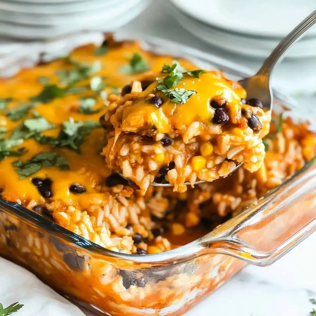Southwest Chicken Enchilada Casserole, Southwest chicken casserole recipe, easy chicken enchilada bake, cheesy Southwest casserole, quick dinner ideas The image shows a white plate with two main layers: on one side, there is a layer of white rice sprinkled with small green herb pieces, and on the other side, a colorful mixture of cooked shredded chicken, black beans, corn, and orange sauce with melted cheese. The chicken mixture is topped with a dollop of white sour cream and small red tomato pieces, along with some green herbs for garnish. A silver fork is placed inside the plate on the right side. In the background, there is a white marbled surface with a glass baking dish filled with the same chicken mixture in the top left, a stack of pale yellow tortillas on a wooden board in the top right, some fresh green cilantro leaves near the center, and a striped cloth napkin on the right side.