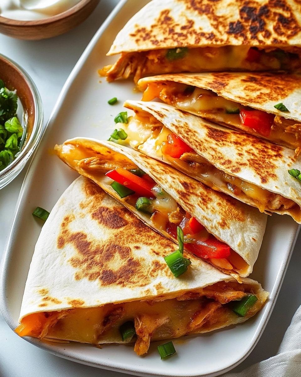 Cheddar and Monterey Jack Chicken Quesadillas with Avocado and Scallions, cheesy chicken quesadillas, easy chicken quesadilla recipes, best quesadilla ideas, quick weeknight dinner Three slices of quesadilla are placed on a wooden cutting board with light and dark grain patterns. Each triangular slice has a golden brown crispy top layer of melted cheese with slight browned spots. The second layer shows colorful fillings of green bell pepper slices and red bell pepper strips peeking out, along with melted cheese oozing slightly from the edges. The bottom layer is a light toasted tortilla. The slices are arranged in a loose line with small gaps between them.