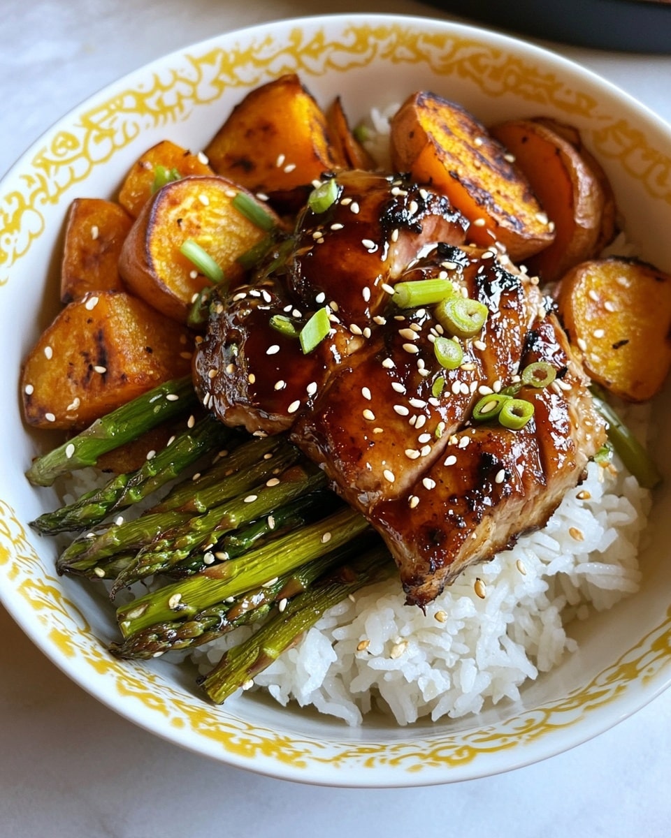 Sheet-pan Miso Chicken with Sweet Potatoes and Asparagus, healthy sheet-pan chicken dinner, easy savory chicken recipes, quick weeknight dinner ideas, flavorful baked chicken A white bowl is filled with three main layers: at the bottom, a layer of white cooked rice with a soft and fluffy texture; on top of the rice, slices of roasted orange sweet potatoes and green asparagus spears scattered around; the top layer shows a shiny, glazed piece of golden-brown chicken coated with a thick sauce, sprinkled with white sesame seeds and small pieces of green onion. In the background, a metal baking sheet with several pieces of glazed chicken and roasted vegetables rests on a white marbled surface, adding context to the meal preparation. Nearby, a small white dish holds extra sesame seeds.