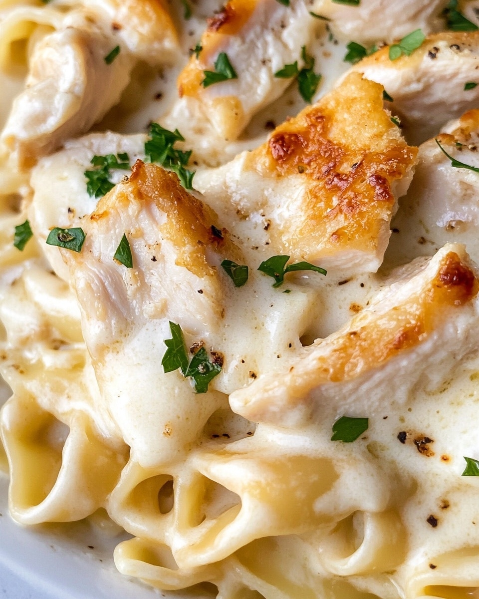 Chicken Tortellini Alfredo, creamy chicken tortellini, quick Alfredo pasta, cheesy chicken tortellini dinner, easy Italian Alfredo recipe A white bowl filled with creamy pasta layered with light cream sauce and soft cheese, topped with several pieces of golden-brown cooked chicken slices scattered evenly on top. The pasta is a mix of folded, shell-like shapes that are smooth and coated well with sauce, while fresh chopped green herbs are sprinkled across the entire dish. A fork with a wooden handle rests inside the bowl, partially inserted in the pasta and chicken. In the background, a white pan with more of the same pasta and chicken combination sits on a white marbled surface, alongside a grey cloth.