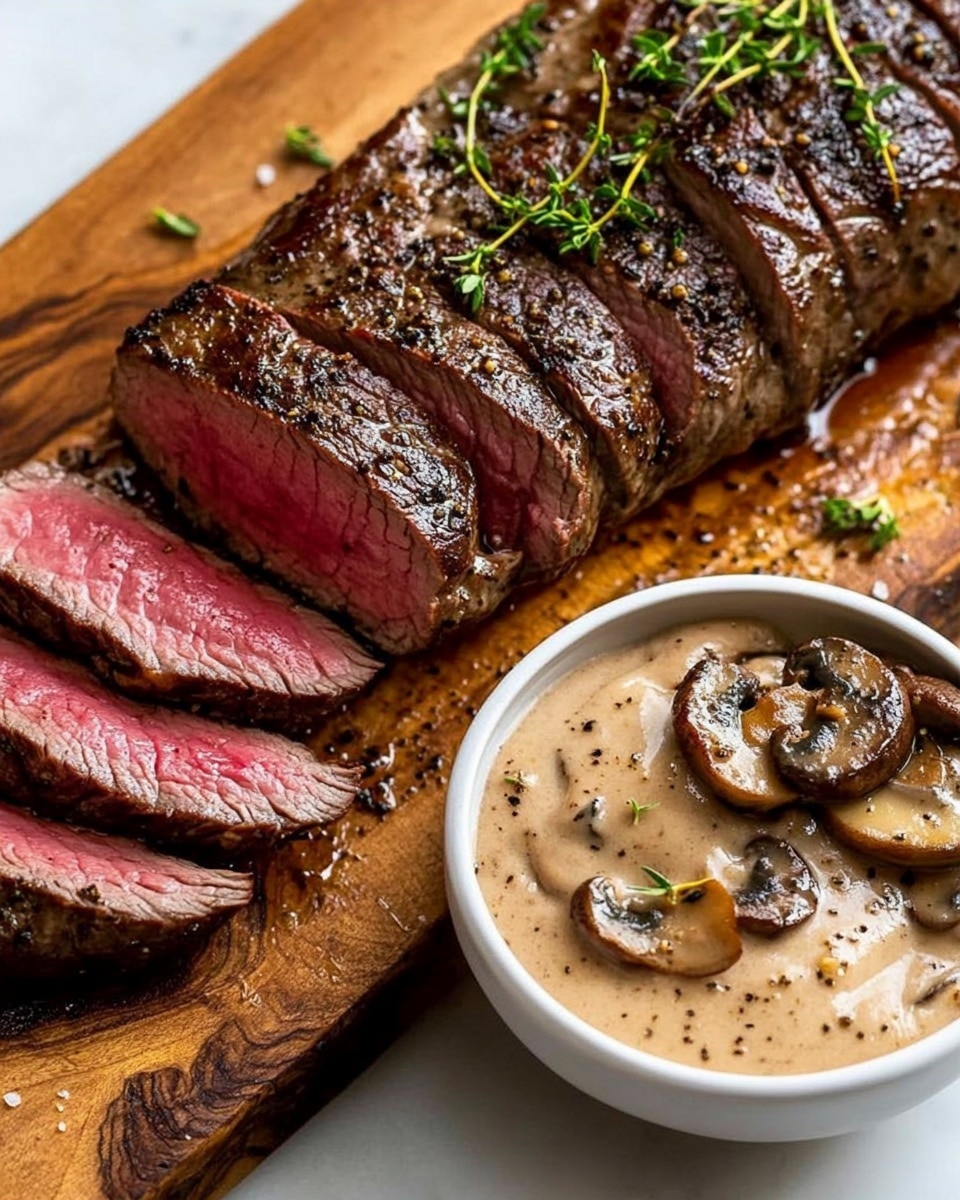 Beef Tenderloin with Mushroom Sauce, beef tenderloin recipe, mushroom sauce recipe, gourmet beef dinner, easy beef tenderloin The image shows several thick slices of cooked meat arranged neatly in a row, each slice having a light pink center and a brown, peppered crust around the edges. Beside the slices, there is a creamy mushroom sauce with sliced mushrooms, light brown in color and slightly glossy, covering the area next to the meat. A small sprig of green thyme lays gently on top of the meat near the mushrooms. The background surface is a white marbled texture.