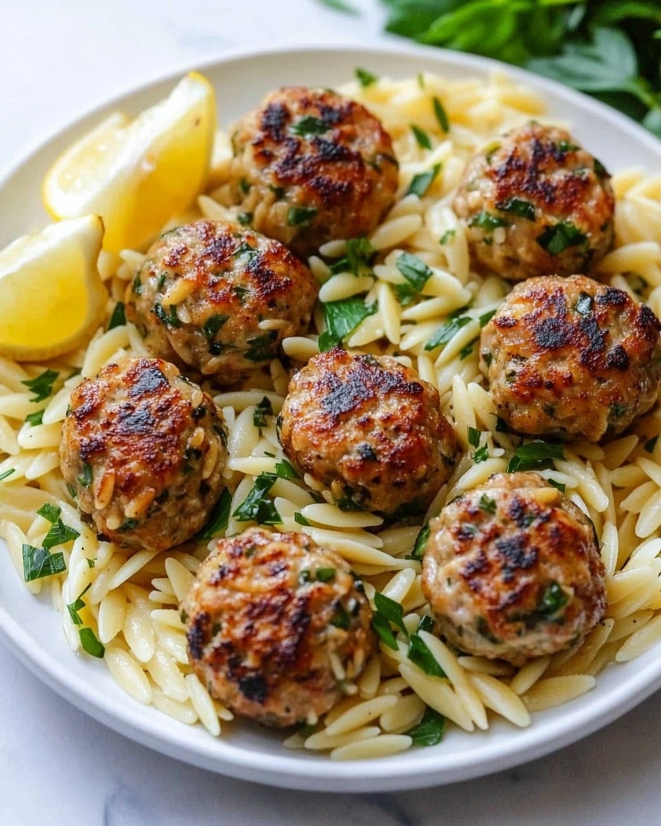 Greek Chicken Meatballs with Lemon Orzo, Greek chicken meatballs, lemon orzo, easy Greek dinner, healthy Mediterranean chicken recipe A white round plate filled with a single layer of light yellow orzo pasta mixed with small green herb pieces, topped with eight golden-brown grilled meatballs spread evenly. The meatballs have a slightly shiny, crispy surface with some darker grilled spots and are garnished with small cut green herbs. There are two lemon wedges placed on the pasta near the edge of the plate. The plate is set on a white marbled surface.