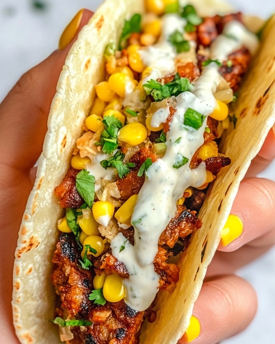 Fried Chicken Street Corn Tacos with Jalapeno Lime Ranch, crispy fried chicken tacos, street corn taco recipe, jalapeno lime ranch dressing, easy Mexican-inspired tacos The image shows a close-up view of a soft taco held by a woman's hand with yellow nail polish. The taco has a warm, light brown tortilla shell wrapped around two main layers: the first layer inside is bright yellow corn kernels mixed with small bright green herbs, while the second layer is grilled pieces of reddish-brown meat with a creamy white sauce drizzled on top. The background is a white marbled surface, and the photo focuses sharply on the taco's vibrant colors and textures.