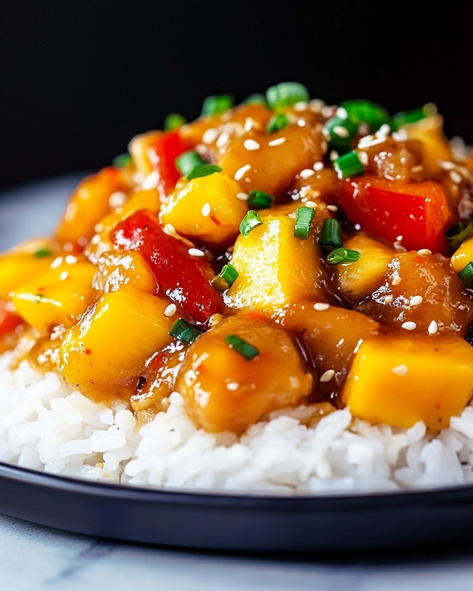 Pineapple Chicken Stir-Fry, easy stir-fry recipes, healthy chicken stir-fry, quick dinner ideas, pineapple chicken recipe The image shows a black bowl filled with white rice as the base layer, topped with a mix of cooked chicken pieces, yellow pineapple chunks, and red bell pepper pieces covered in a light brown sauce. The dish is sprinkled with white sesame seeds and chopped green onions scattered evenly on top. In the background, there is a white container with more chicken and vegetables in the same sauce and a small white bowl containing chopped green onions placed on a white marbled surface. A silver fork is partly visible next to the bowl on the right side.
