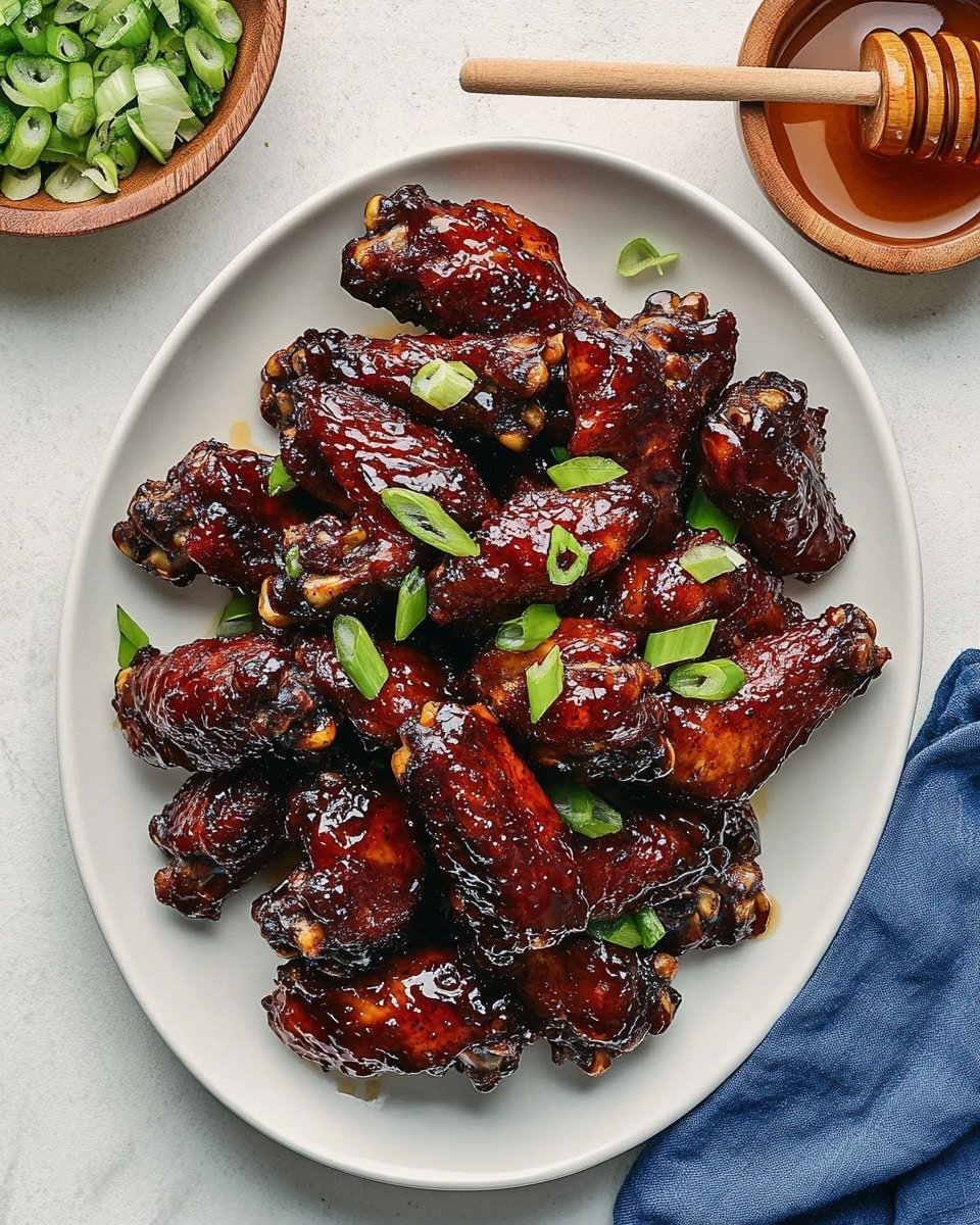 Baked Sticky Honey BBQ Chicken Wings, Honey BBQ Chicken Wings, Baked Chicken Wings, Easy BBQ Chicken Wings, Sticky Chicken Wings A white oval plate holds a pile of dark reddish-brown glazed chicken wings with a shiny, sticky texture, arranged in a loose mound in the center. Small pieces of bright green chopped scallions are scattered on top and around the wings. The plate is set on a white marbled surface with a small wooden bowl of extra green scallions near the bottom left and another wooden bowl with honey and a wooden honey dipper at the top right. A blue cloth napkin is partially visible on the lower right side. The