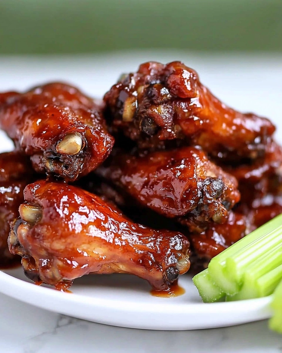 Baked Sticky Honey BBQ Chicken Wings, Honey BBQ Chicken Wings, Baked Chicken Wings, Easy BBQ Chicken Wings, Sticky Chicken Wings A white plate holds a stack of six dark reddish-brown chicken wings coated with a thick, shiny sauce that reflects light, giving them a glossy look. The wings are layered unevenly, showing some crispy edges and soft textures, with small bits of seasoning visible in the sauce. To the right side of the plate, three fresh celery sticks are neatly placed in parallel, their bright green color contrasting with the dark wings. The scene rests on a white marbled surface with a blurred green background, adding depth to the image.