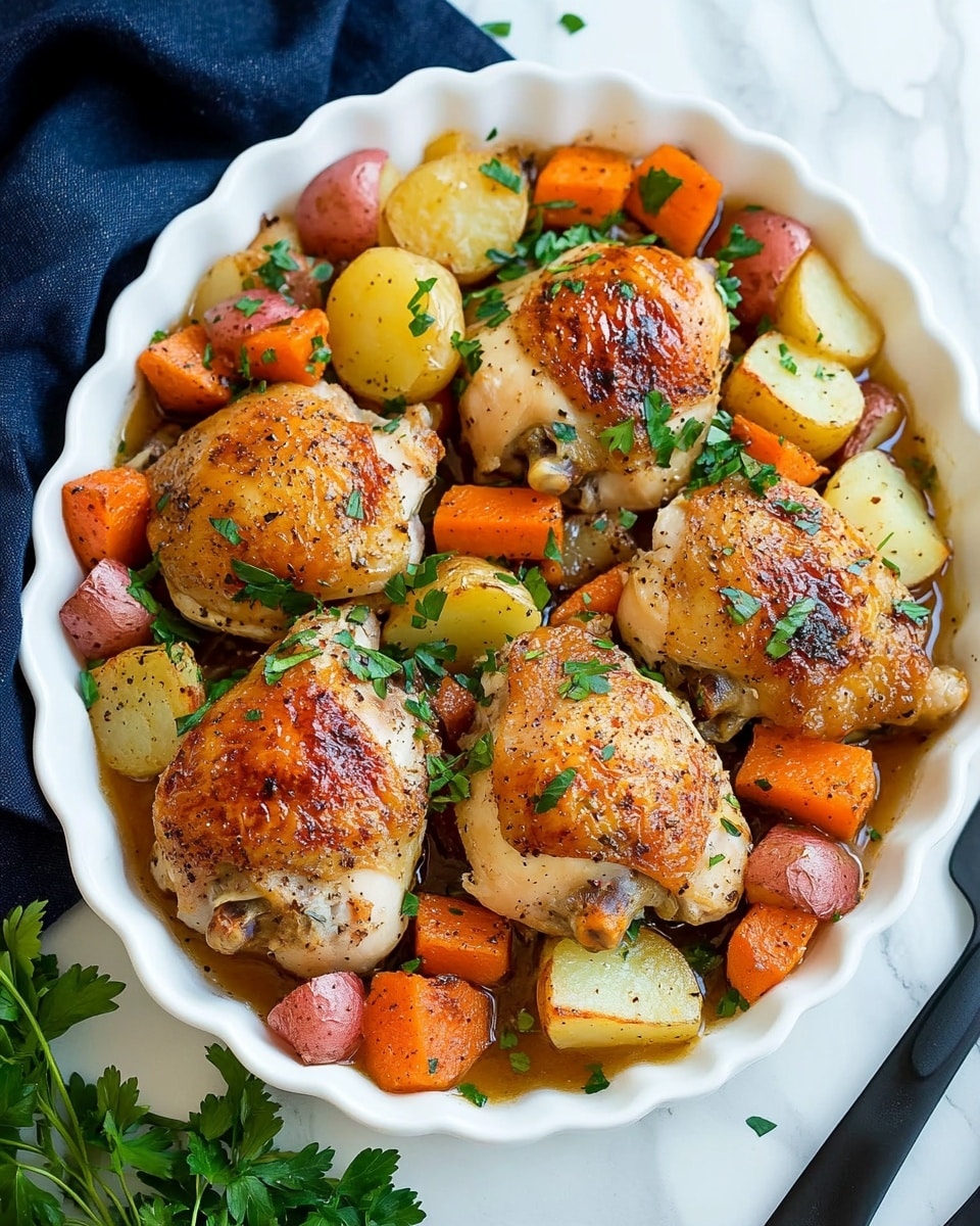 Braised Chicken Thighs with Vegetables and Herbs, chicken thigh dinner recipes, hearty braised chicken dishes, easy healthy chicken recipes, comforting chicken recipes A white pot filled with six golden-brown cooked chicken thighs laid on top of a colorful mix of large carrot slices, red potato chunks, and pale yellow potato pieces, all sprinkled with fresh green herbs. The chicken skin looks crispy with a touch of seasoning, and the vegetables appear tender with a moist texture. The pot sits on a white marbled surface, with a dark cloth partially under it. Some fresh green herb sprigs are placed nearby.