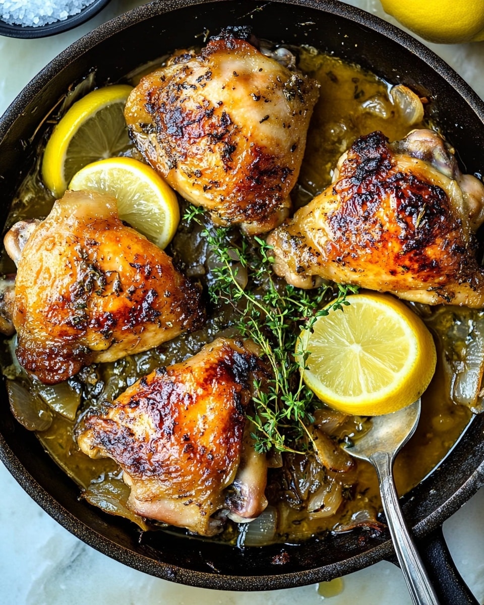 The image shows four pieces of golden-brown roasted chicken thighs with a crispy, slightly charred skin, resting in a black skillet filled with a light, glossy sauce. Between the chicken pieces, there are bright yellow lemon slices and sprigs of fresh green herbs, likely thyme. Thin slices of cooked onion with a slightly caramelized look are scattered underneath and around the chicken. A silver spoon is placed in the skillet, partially under one piece of chicken. Below the skillet, a small black bowl holds coarse sea salt and more fresh green herb sprigs. The whole scene is set on a white marbled textured surface. photo taken with an iphone --ar 4:5 --v 6.1