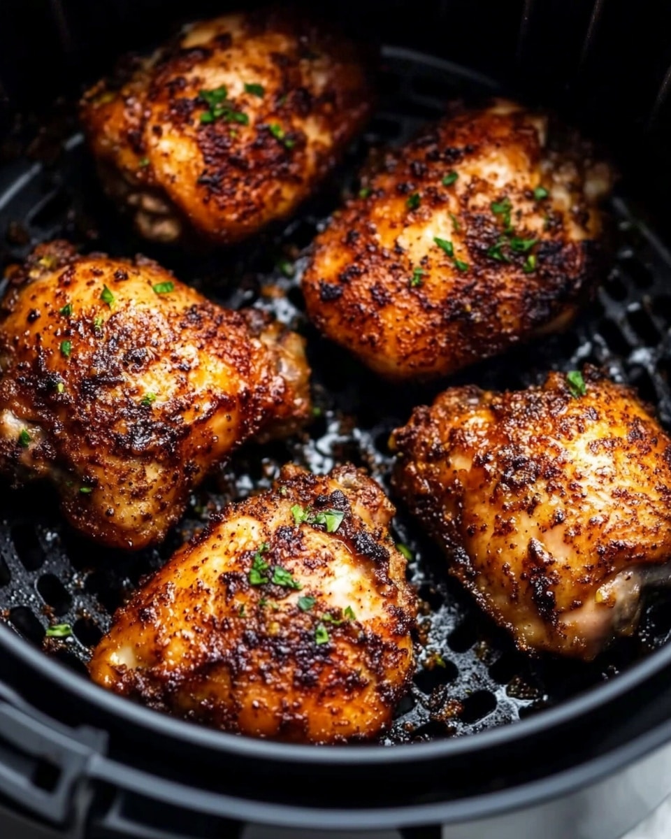In the black round air fryer basket, there are five pieces of cooked chicken with a crispy, golden-brown and slightly charred surface. The chicken pieces have a rough texture with visible seasoning and small green herb sprinkles on top. The air fryer basket contrasts with a white marbled surface underneath. The scene is close-up, showing the detailed texture of the chicken, with some shine from cooking oil. Photo taken with an iphone --ar 4:5 --v 6.1