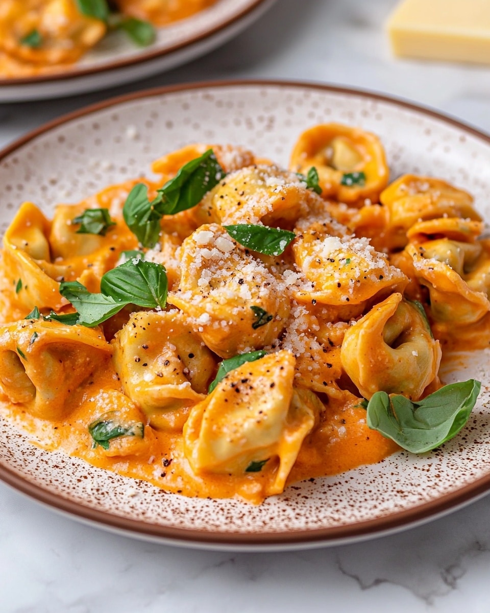 The image shows a white plate with a brown rim and abstract brown patterns, holding a dish of orange creamy tortellini pasta. The pasta pieces are stuffed and fully covered in a thick, smooth orange sauce. Scattered green basil leaves are on top of the pasta, adding a fresh pop of color. Small white cheese crumbles and a few specks of black pepper are sprinkled all over the dish. The plate sits on a white marbled textured surface, and in the background, there is an out-of-focus white plate with more pasta and some large pale cheese chunks. Photo taken with an iphone --ar 4:5 --v 6.1