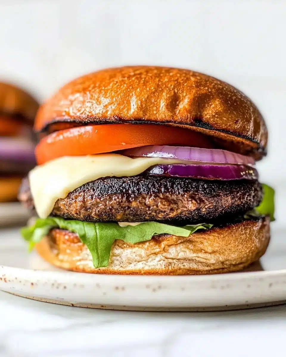 Portobello Mushroom Burger with Mozzarella, Roasted Peppers and Pesto Mayo Recipe - Recipe Image