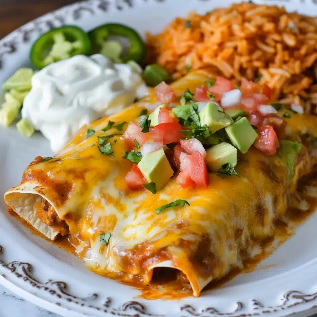 Ground Beef Enchiladas, easy enchilada recipe, cheesy beef enchiladas, quick Mexican dinner, beginner-friendly enchiladas On a white plate with a detailed edge sits an enchilada covered with melted yellow and orange cheese layered thickly on top, showing a browned texture with some green scallion slices sprinkled over. Next to the enchilada is a generous scoop of creamy white sour cream topped with diced red tomatoes, small green jalapeño pieces, and light green avocado chunks. Behind the enchilada is a mound of orange-colored Mexican rice with visible bits of tomato and green herbs mixed in. The plate rests on a white marbled surface.