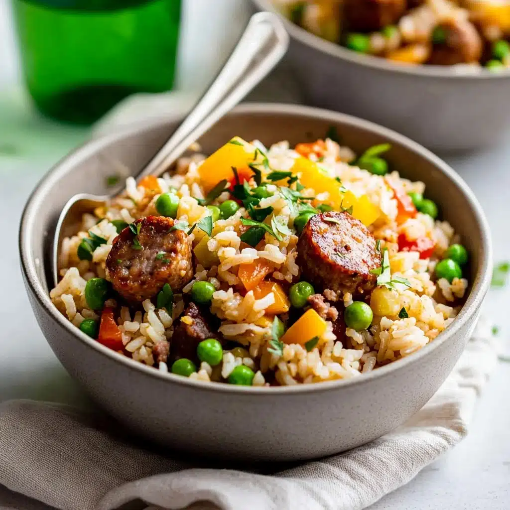 Smoked Sausage and Rice One-Pot Dinner, easy sausage and rice skillet, quick weeknight sausage dinner, hearty one-pot sausage recipes, flavorful sausage and rice dish A grey bowl filled with three layers of food: the bottom layer is white rice mixed with small green peas and bits of chopped green herbs, the middle layer has chunks of browned sausage pieces, and the top layer includes yellow and red bell pepper pieces along with more green peas and herbs. A silver spoon is placed in the bowl with its handle leaning outside. Another bowl filled with the same food is slightly blurred in the background, and a green tinted glass of water is also visible. The bowls sit on a light-colored cloth over a white marbled surface.