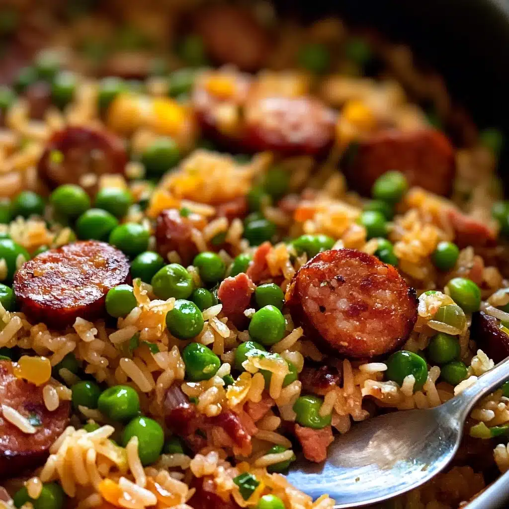 Smoked Sausage and Rice One-Pot Dinner, easy sausage and rice skillet, quick weeknight sausage dinner, hearty one-pot sausage recipes, flavorful sausage and rice dish The image shows a close-up of a mixed dish with about three layers visible. The base layer is light brown cooked rice, with scattered bright green peas throughout. On top of the rice and peas, there are round, reddish-brown sausage slices scattered evenly, some showing a shiny, slightly crispy texture. Small bits of yellow and red vegetables are mixed in lightly between the rice and peas, adding pops of color. A silver spoon on the right side is scooping some of the mixture. The background is softly blurred to focus on the vibrant colors and textures of the food.