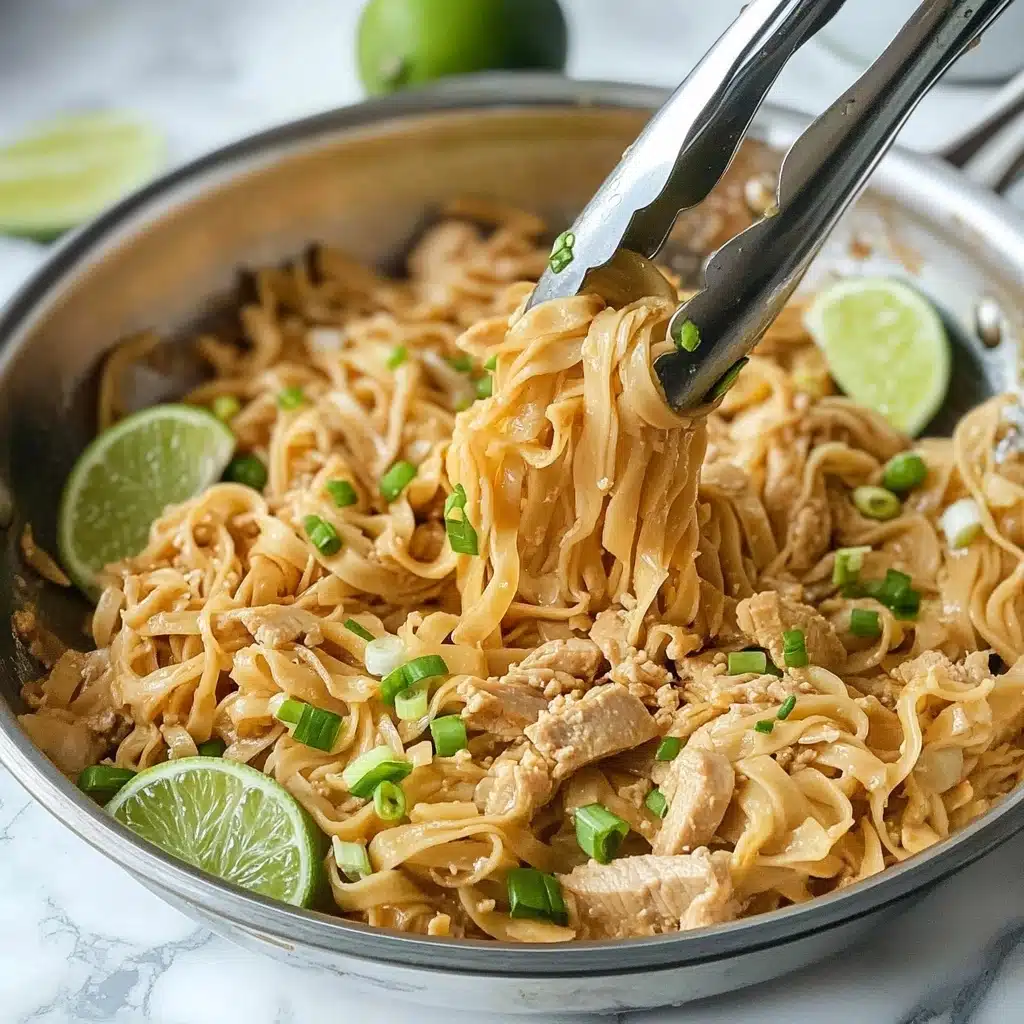 Creamy Peanut Noodles with Chicken, peanut noodle stir-fry, easy chicken noodle recipe, quick Asian chicken pasta, creamy peanut sauce dish A shiny silver pan filled with light brown flat noodles mixed with small chunks of light beige meat and bright green sliced scallions, showing some noodles being lifted by metal tongs from the middle, with small lime slices scattered inside the pan and a white marbled surface underneath.